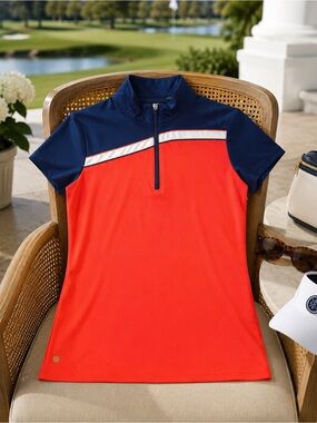 EP Pro Sporty Chic Luxe Quarter-Zip Top | Blue & Warm Orange | Size Large